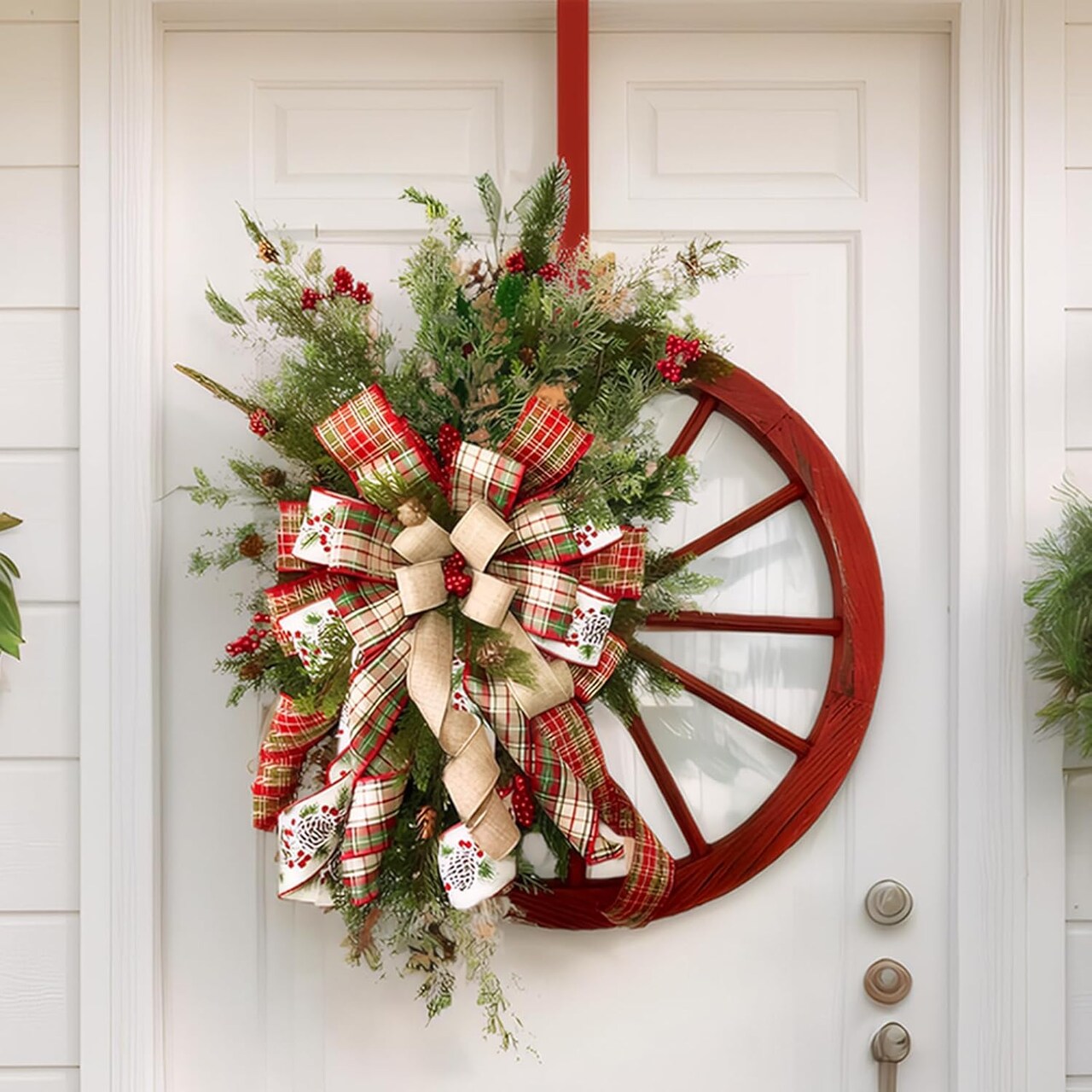 Christmas Wreath, 24 inch Artificial Plaid Bow Holiday Pine Cones Wreath Hanging Roulette Wheel Garland for Front Door Decoration and Christmas Party Decor